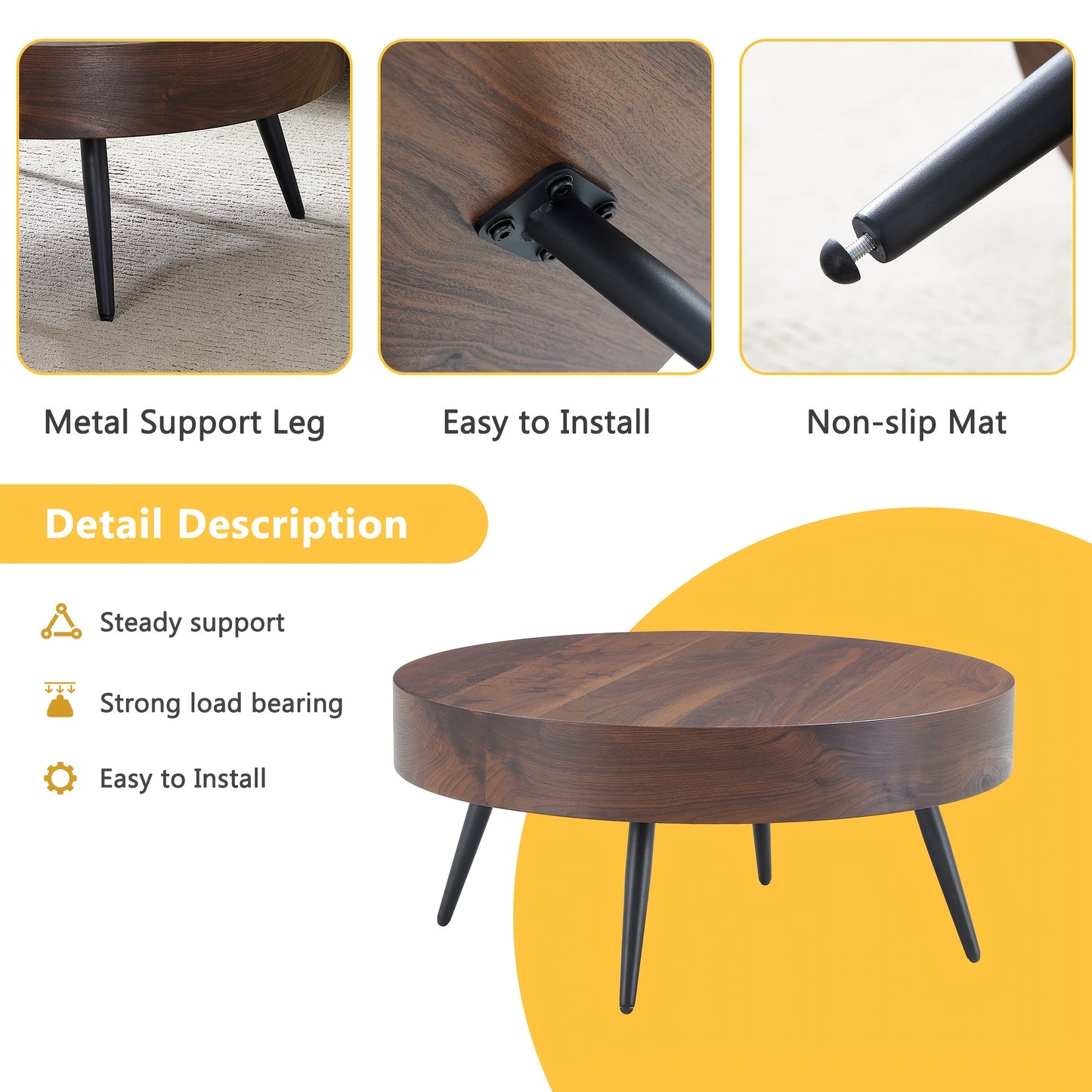 Wooden Coffee Table Modern Round Coffee Table Rustic Center Table with Metal Leg for Living Room Reception Room Office (Brown, Round), Clearance Sales Today Deals Prime, Tiny Home, Black Friday Deals 2024.