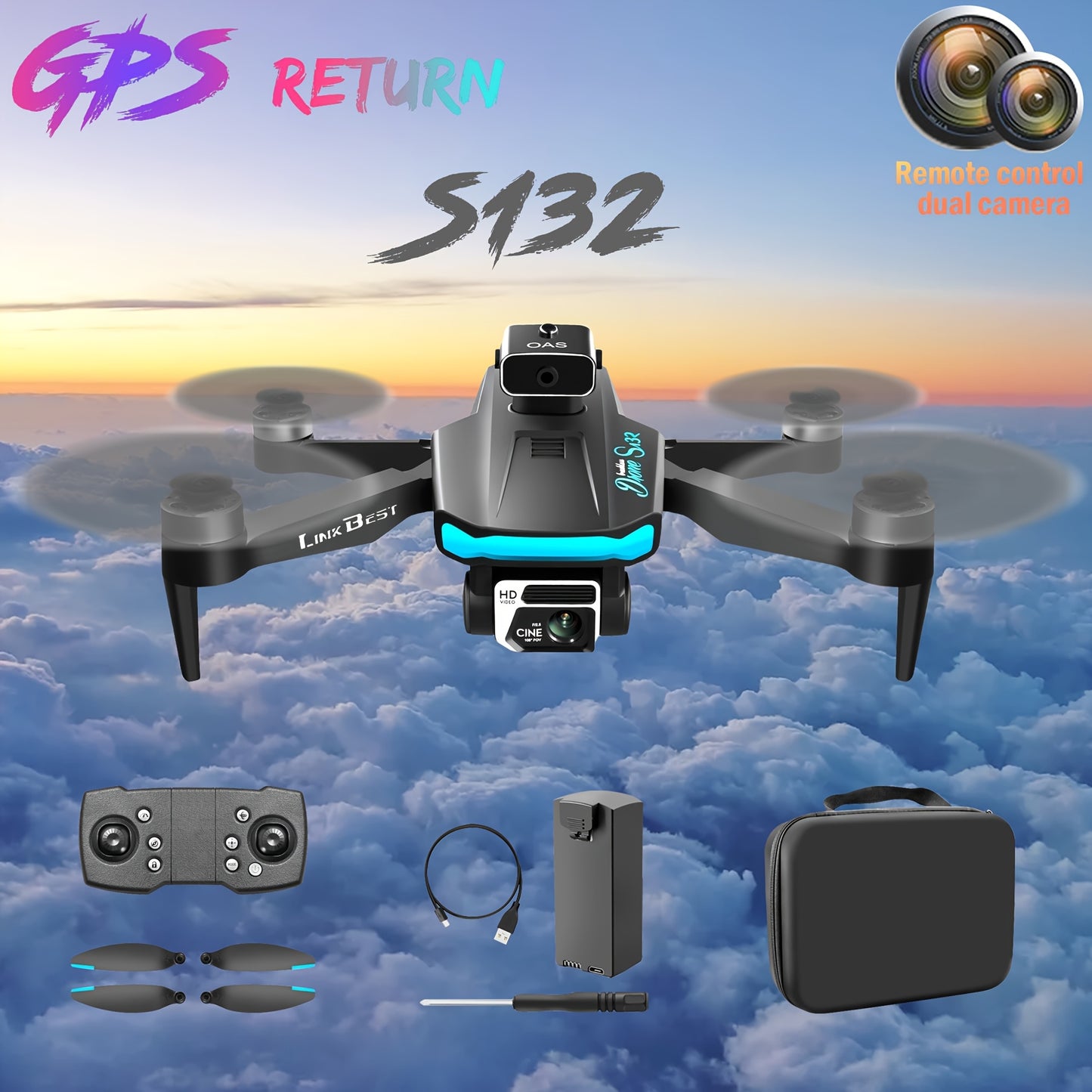 New S132 UAV Drone with HD ESC Dual Camera, GPS Positioning, 360° Intelligent Obstacle Avoidance, Optical Flow Hovering, One-Key Takeoff, And Fail-Safe Return.Perfect for Beginners Men's Gifts