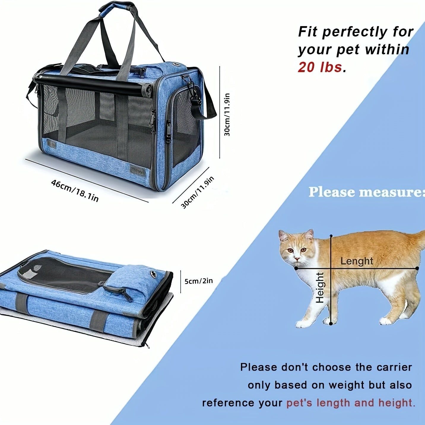 1pc Large Soft-Sided Cat Carrier - Comfortable, Airline Approved, Portable Pet Travel Bag for Kitten, Dog, Reptile, Squirrel - Durable, Easy to Clean, Ventilated Design