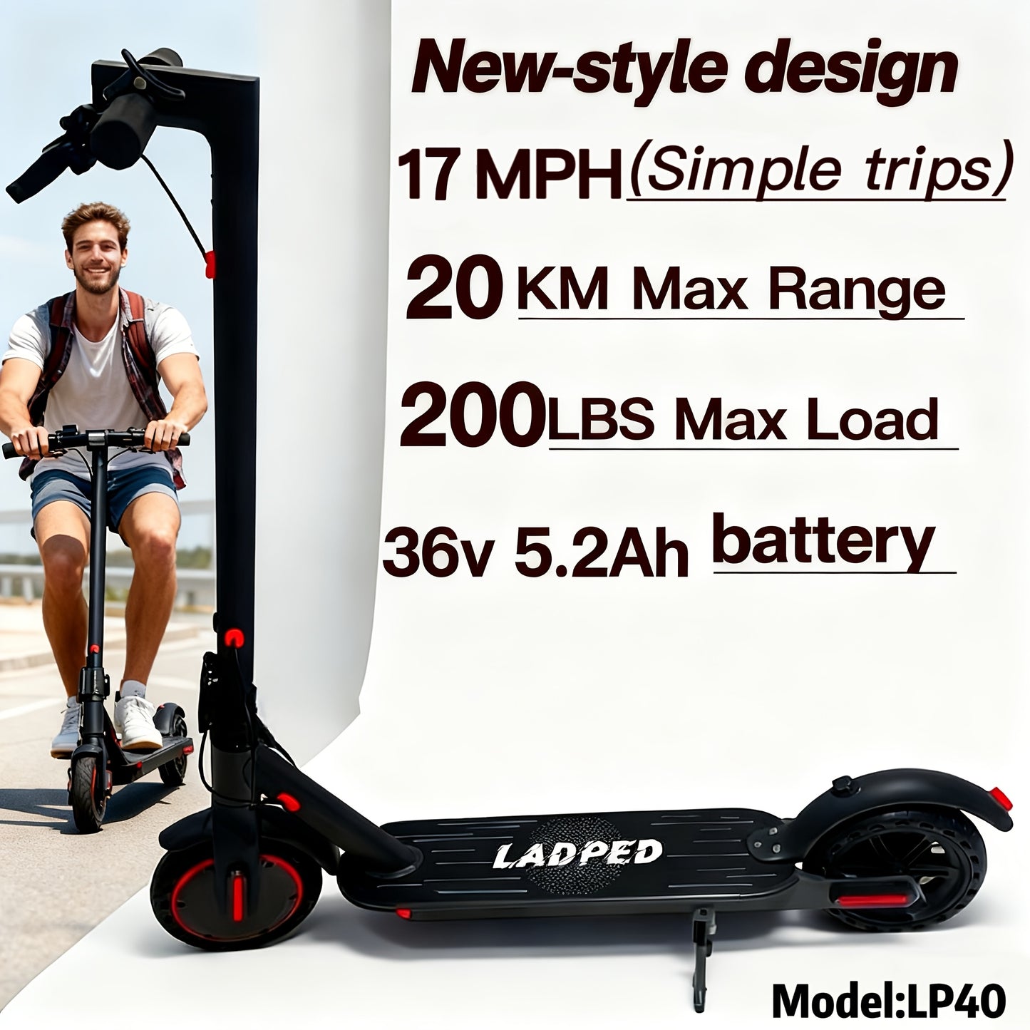 LADPED Electric Scooter | 350W 36V 5.2AH-10.5AH, 8.5" Solid Tires, 19 Mile Range, 3 Modes, High Speed, Foldable, Height Adjustable, Aluminum Alloy, Red and, Ideal for City Streets, Parks, Campus Pathways, Long