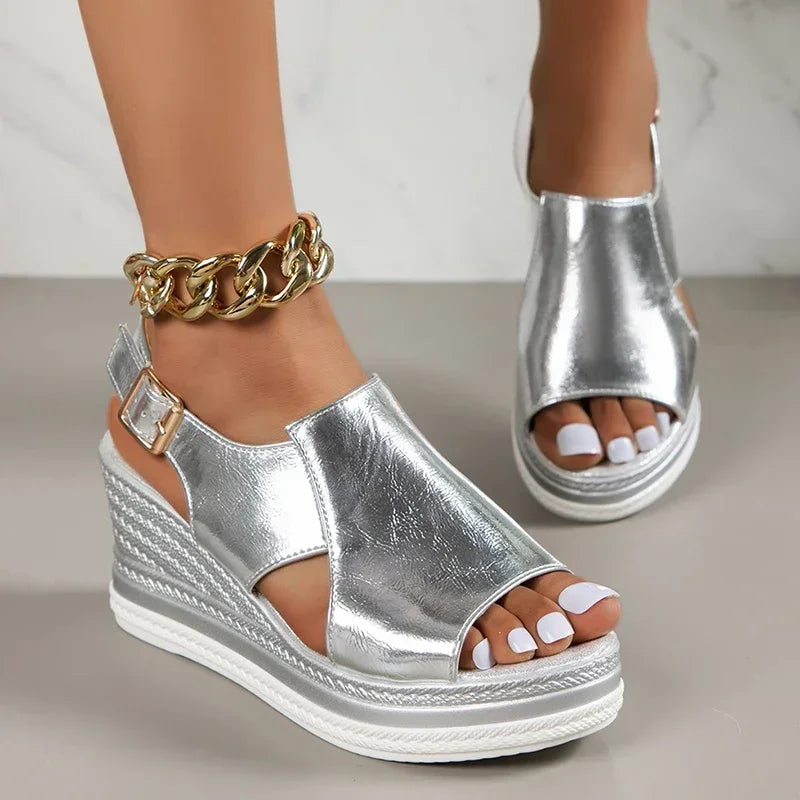 Peep Toe Wedge Sandals Women Summer Back Strap Buckle Platform Sandles Woman Fashion Thick Sole Sandalias Roman Shoes 2024 image