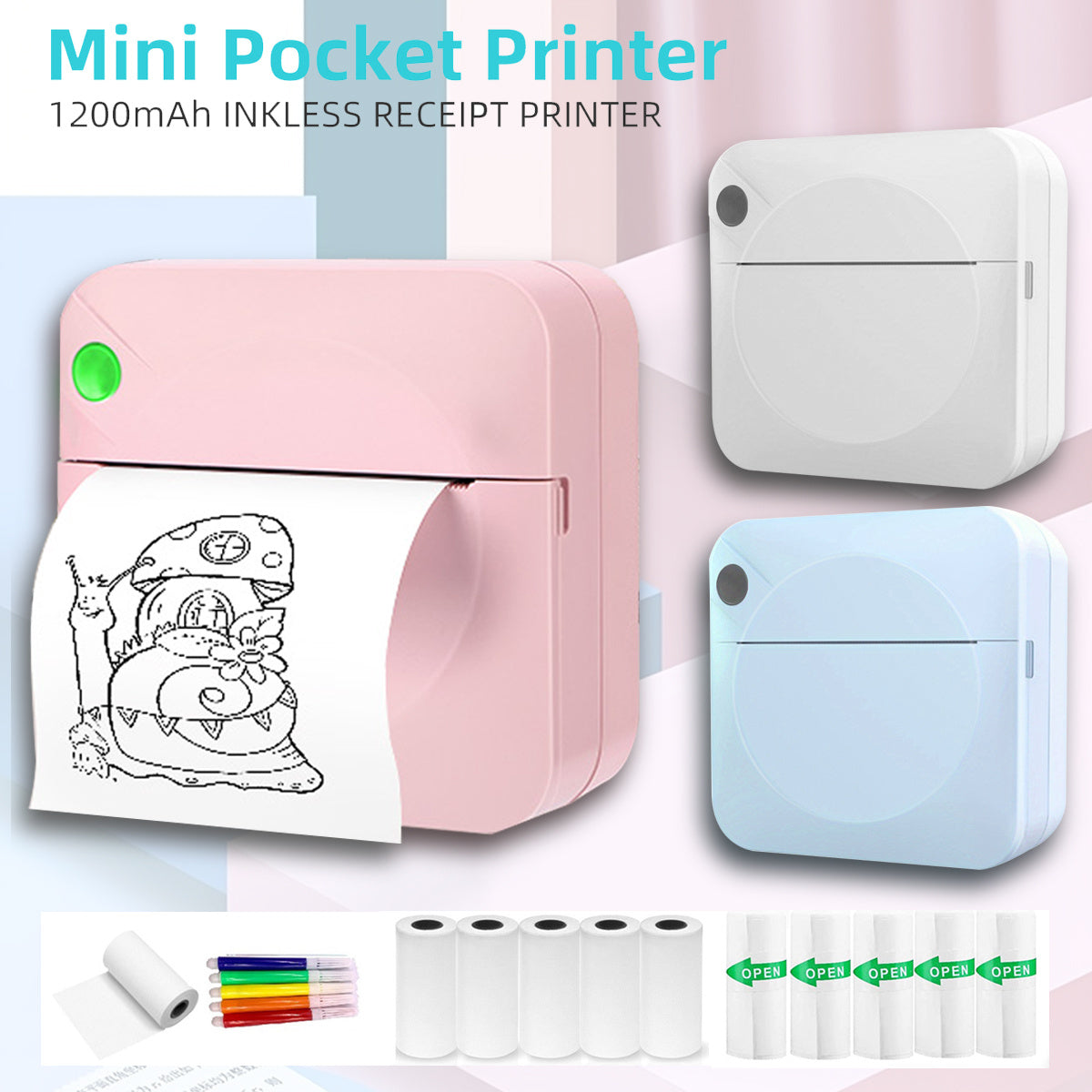 11 Rolls Portable Mini Wireless Thermal Photo Printer - Compact, Inkless, Single-Color Printing for Smartphone, Windows, Study Notes, Labels, and Receipts with Rechargeable Lithium Battery and USB Charging