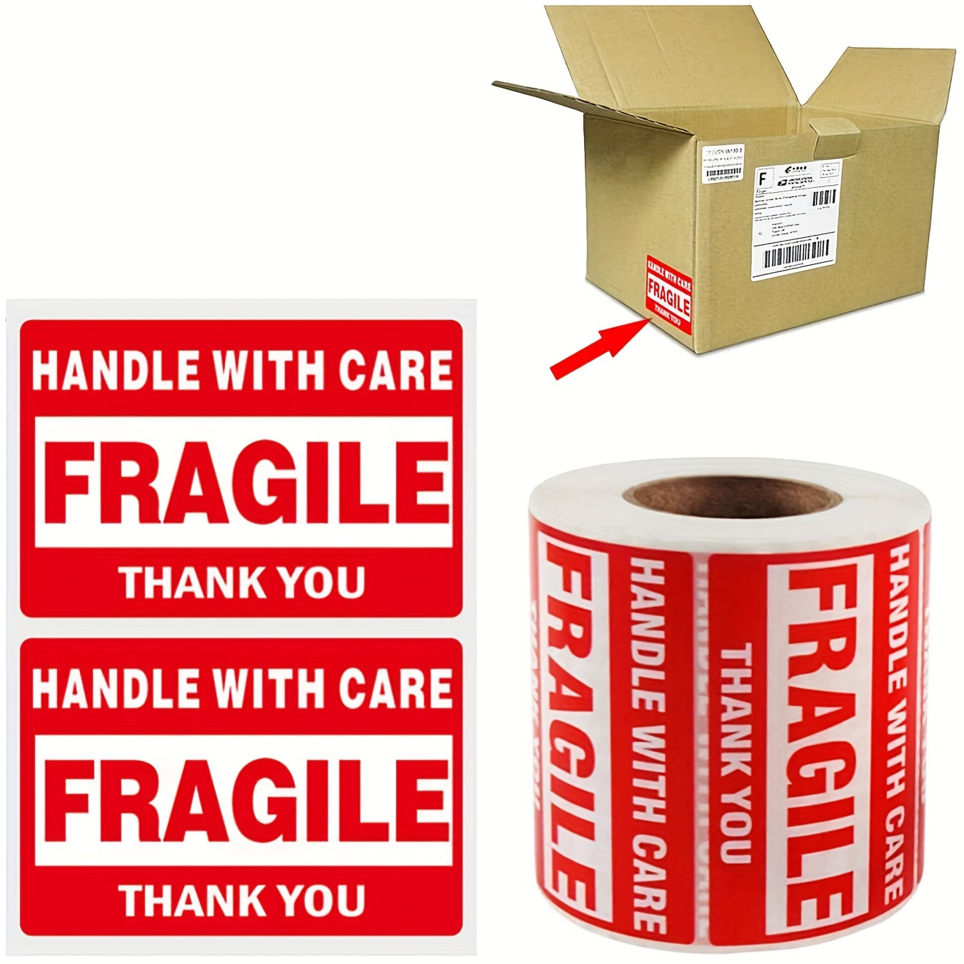1 Roll 500 Fragile Shipping Labels, 3" x 2" Strong Adhesive Labels for Moving, Thank You, Warning Packaging - Durable Paper Stickers with Bold Text & Red Border, Shipping Labels for Packaging, Office Supplies, Label Stickers,