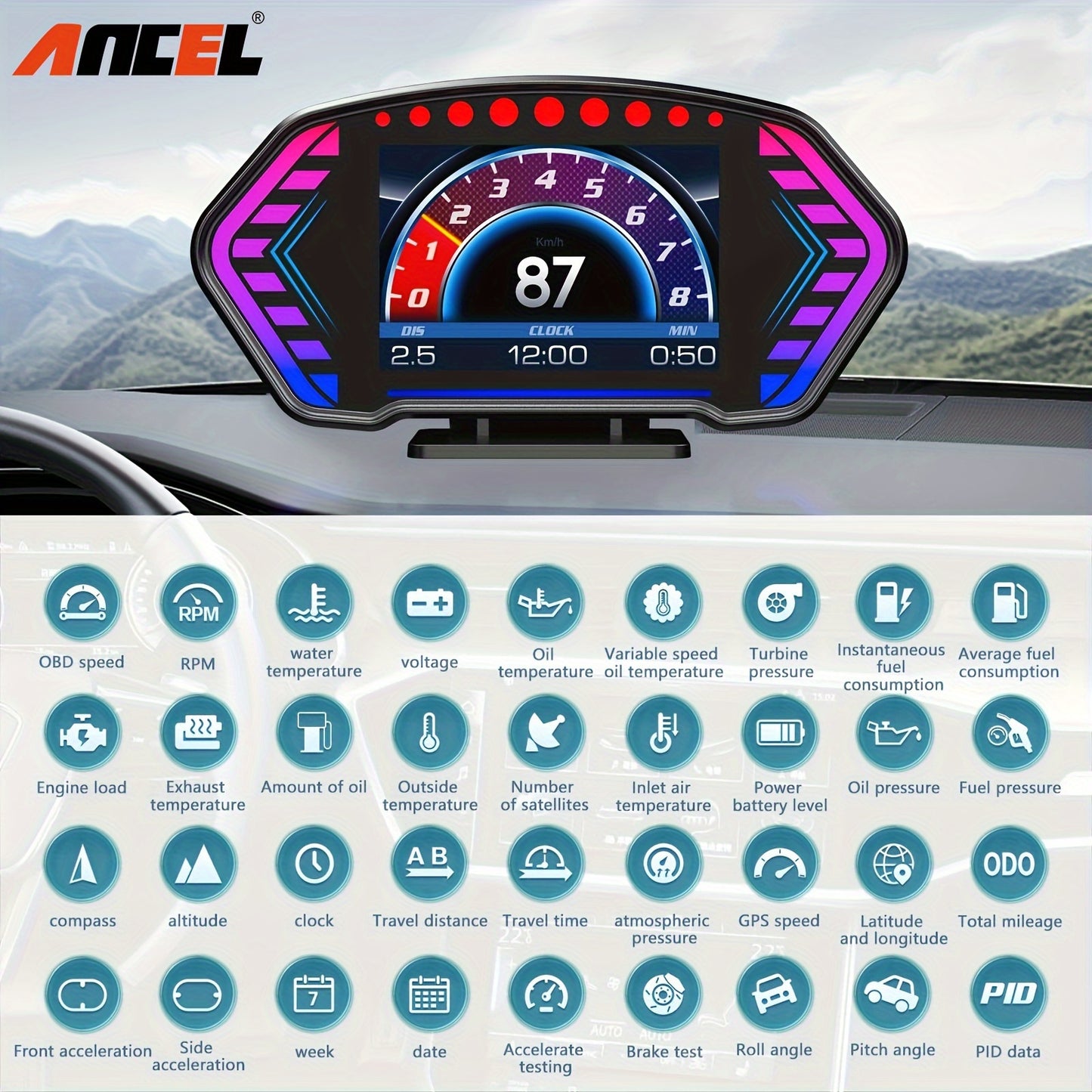 ANCEL P3 OBD2+GPS Universal Head-Up Display HUD OBD Meter Digital Projector