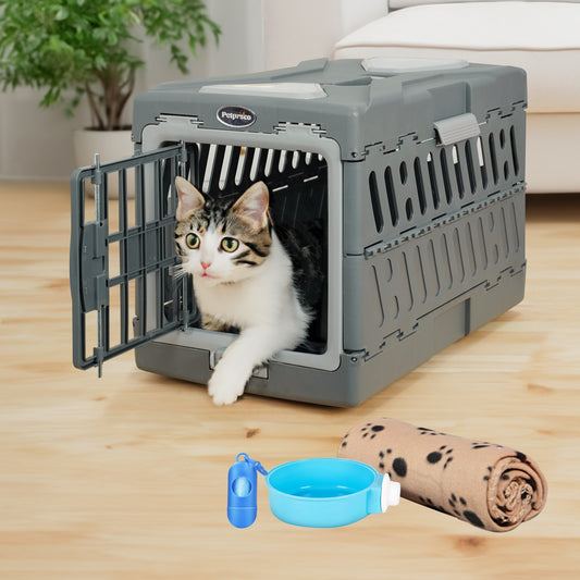 Large Cat Carrier Hard, Plastic Portable Dog Crate 22" with Soft Blanket and Hanging Kennel Bowl for Cats Small Dogs Puppies Kittens