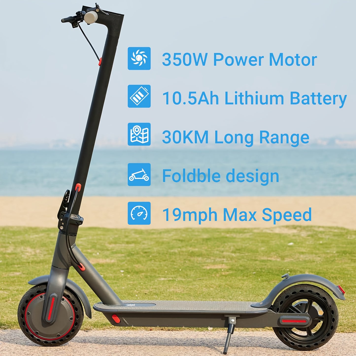 LADPED Electric Scooter | 350W 36V 5.2AH-10.5AH, 8.5" Solid Tires, 19 Mile Range, 3 Modes, High Speed, Foldable, Height Adjustable, Aluminum Alloy, Red and, Ideal for City Streets, Parks, Campus Pathways, Long