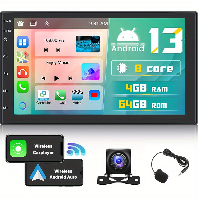 8-Core 4+64G Android Double DIN Car Stereo, Wireless Wireless Android Auto, 7'' HD Touchscreen Car Radio With Backup Camera, Mirror Link, Wireless, GPS Navi, FM/RDS, Voice Control+AHD Camera