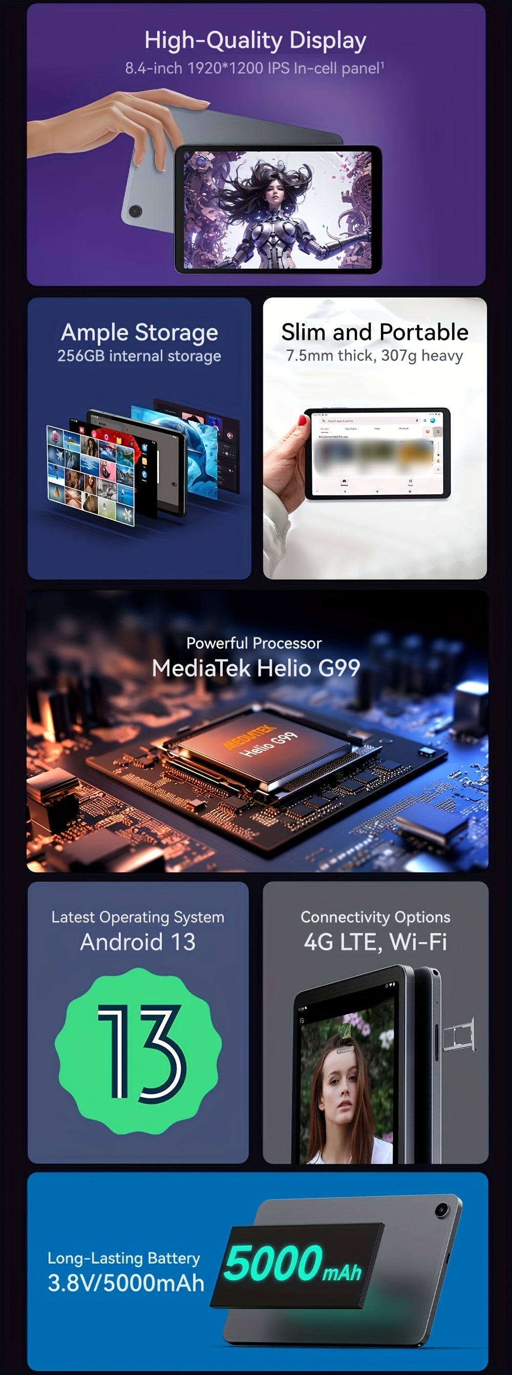 8.4 Inch Tablet 16 (8+8)+256GB Helio G99 For Android 13 With Widevine L1 NF By ALLDOCUBE, IPlay50 Mini Pro NF, FHD+ 1920×1200 Incell IPS, For Android13 Pad, ROM 512GB Expandable, 5MP/13MP 4G LTE/5G WiFi/Wireless 5.2, GMS/GPS
