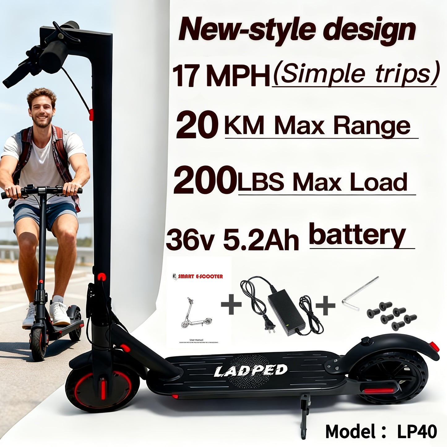 LADPED Multiple Models Folding Electric Scooter, Rated 350W/500W Motor Optional, 5.2AH-14.5AH Battery, with 8.5-10inches Anti-skid Solid Tires, Scooter Electric with Long Range, 15-20MPH Speed Foldable Commuting E-Scooter for