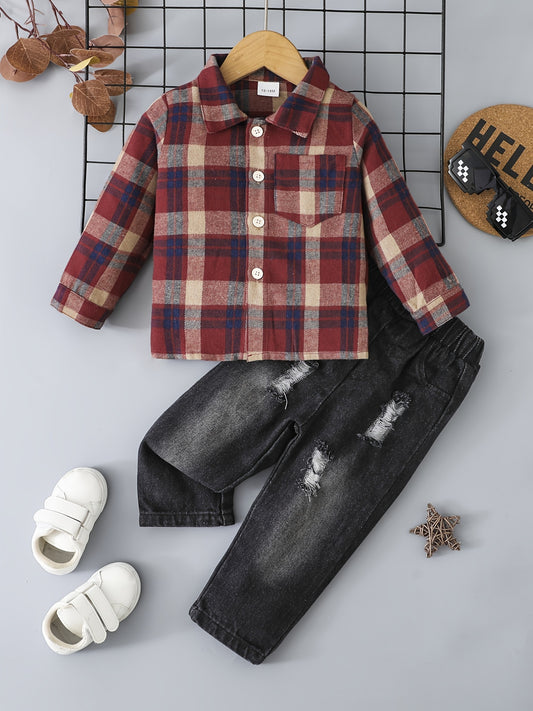 Boy's Casual Plaid Button-Up Shirt & Ripped Imitation Denim Pants Set - Cozy Polyester, Non-Transparent, Perfect for Fall/Winter, Perfect for Outdoor