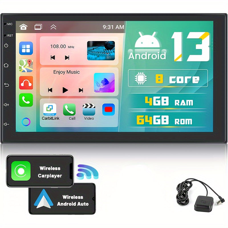 8-Core 4+64G Android Double DIN Car Stereo, Wireless Wireless Android Auto, 7'' HD Touchscreen Car Radio With Backup Camera, Mirror Link, Wireless, GPS Navi, FM/RDS, Voice Control+AHD Camera