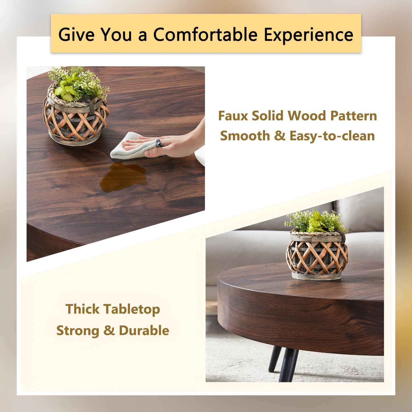 Wooden Coffee Table Modern Round Coffee Table Rustic Center Table with Metal Leg for Living Room Reception Room Office (Brown, Round), Clearance Sales Today Deals Prime, Tiny Home, Black Friday Deals 2024.