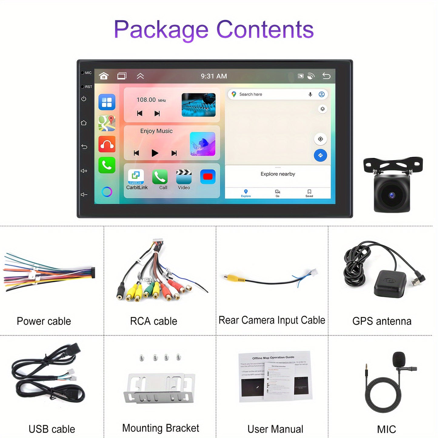 8-Core 4+64G Android Double DIN Car Stereo, Wireless Wireless Android Auto, 7'' HD Touchscreen Car Radio With Backup Camera, Mirror Link, Wireless, GPS Navi, FM/RDS, Voice Control+AHD Camera