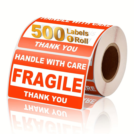 1 Roll 500 Fragile Shipping Labels, 3" x 2" Strong Adhesive Labels for Moving, Thank You, Warning Packaging - Durable Paper Stickers with Bold Text & Red Border, Shipping Labels for Packaging, Office Supplies, Label Stickers,