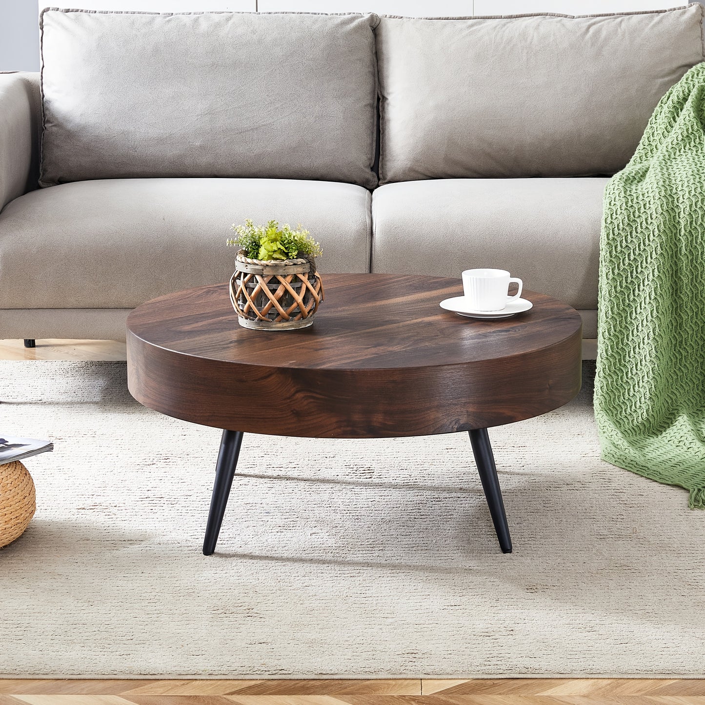 Wooden Coffee Table Modern Round Coffee Table Rustic Center Table with Metal Leg for Living Room Reception Room Office (Brown, Round), Clearance Sales Today Deals Prime, Tiny Home, Black Friday Deals 2024.