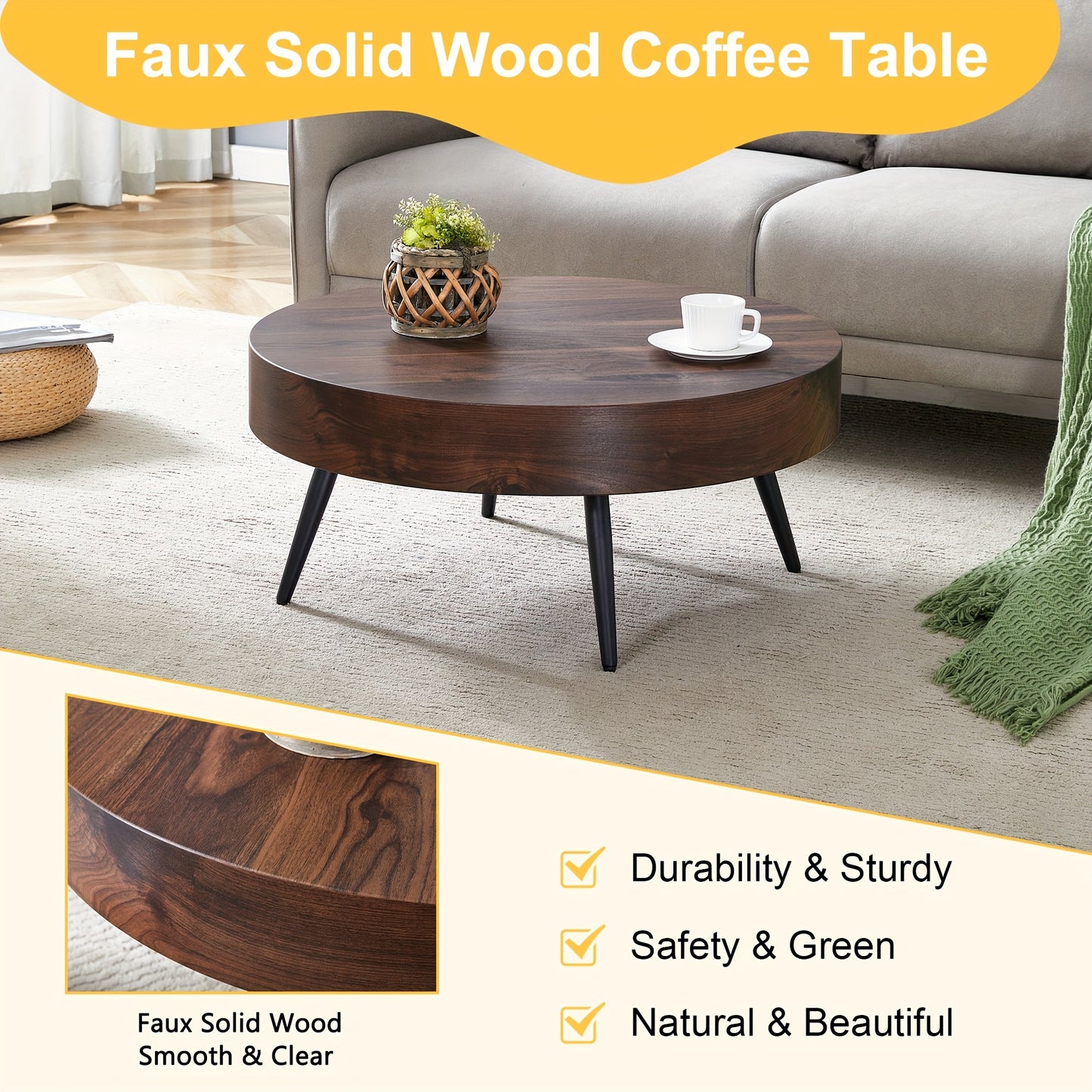 Wooden Coffee Table Modern Round Coffee Table Rustic Center Table with Metal Leg for Living Room Reception Room Office (Brown, Round), Clearance Sales Today Deals Prime, Tiny Home, Black Friday Deals 2024.
