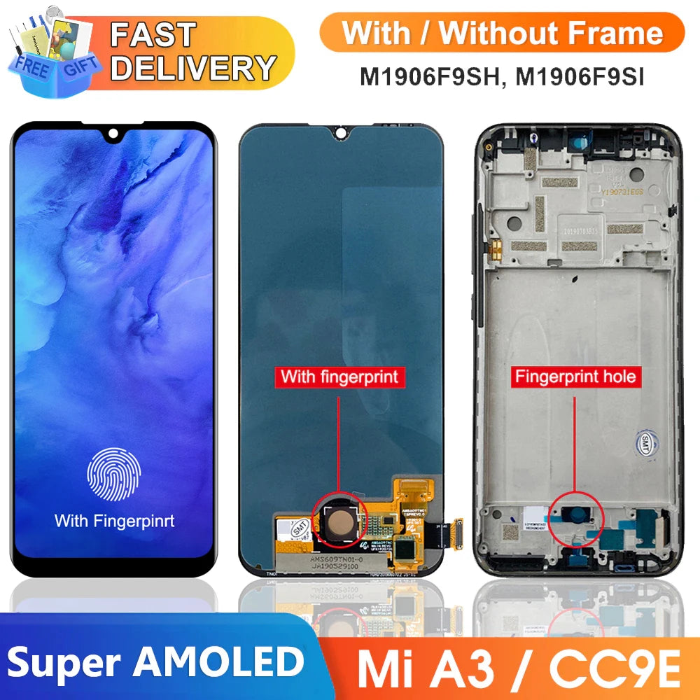 Super AMOLED Mi A3 Screen Replacement, for Xiaomi Mi A3 M1906F9SH Lcd Display Digital Touch Screen with Frame for Xiaomi Mi CC9e