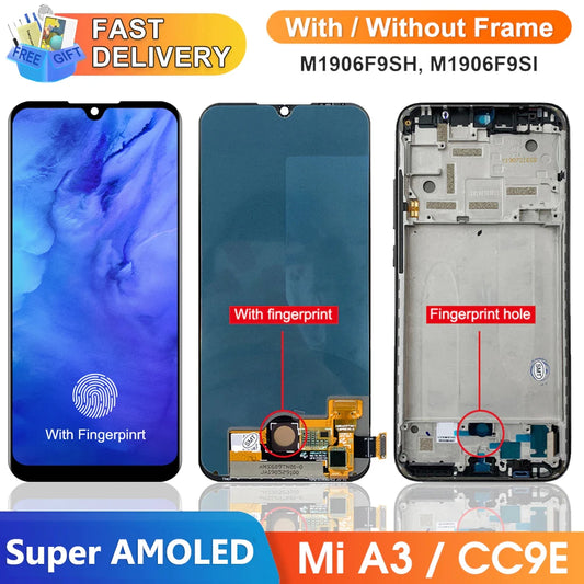 Super AMOLED Mi A3 Screen Replacement, for Xiaomi Mi A3 M1906F9SH Lcd Display Digital Touch Screen with Frame for Xiaomi Mi CC9e