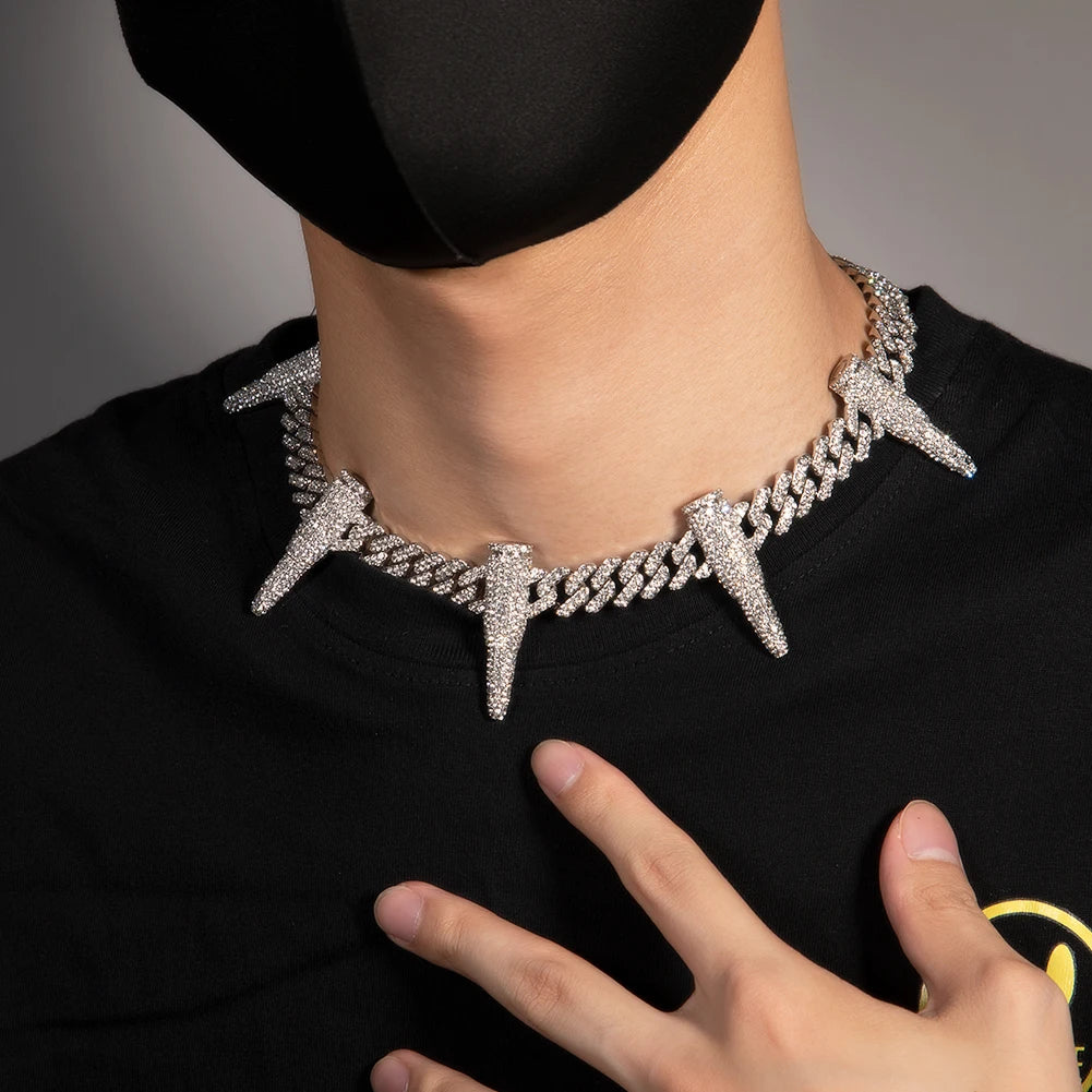 Uwin 12mm Cuban Link Chain Black Panther Zinc Alloy Bullets Necklace For Men Full Setting Rhinestones Fashion Jewelry For Gifts