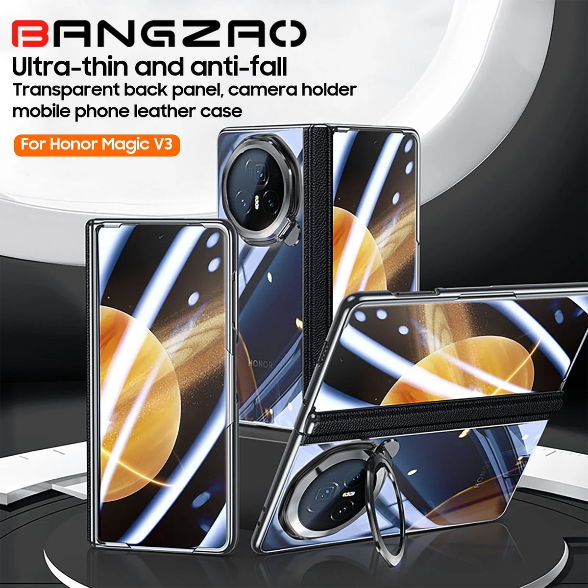 for Honor Magic V3 Protective Case,With 360°Spin Stand,Integrated HD protective film,Rotary shaft protection Phone Case-Black