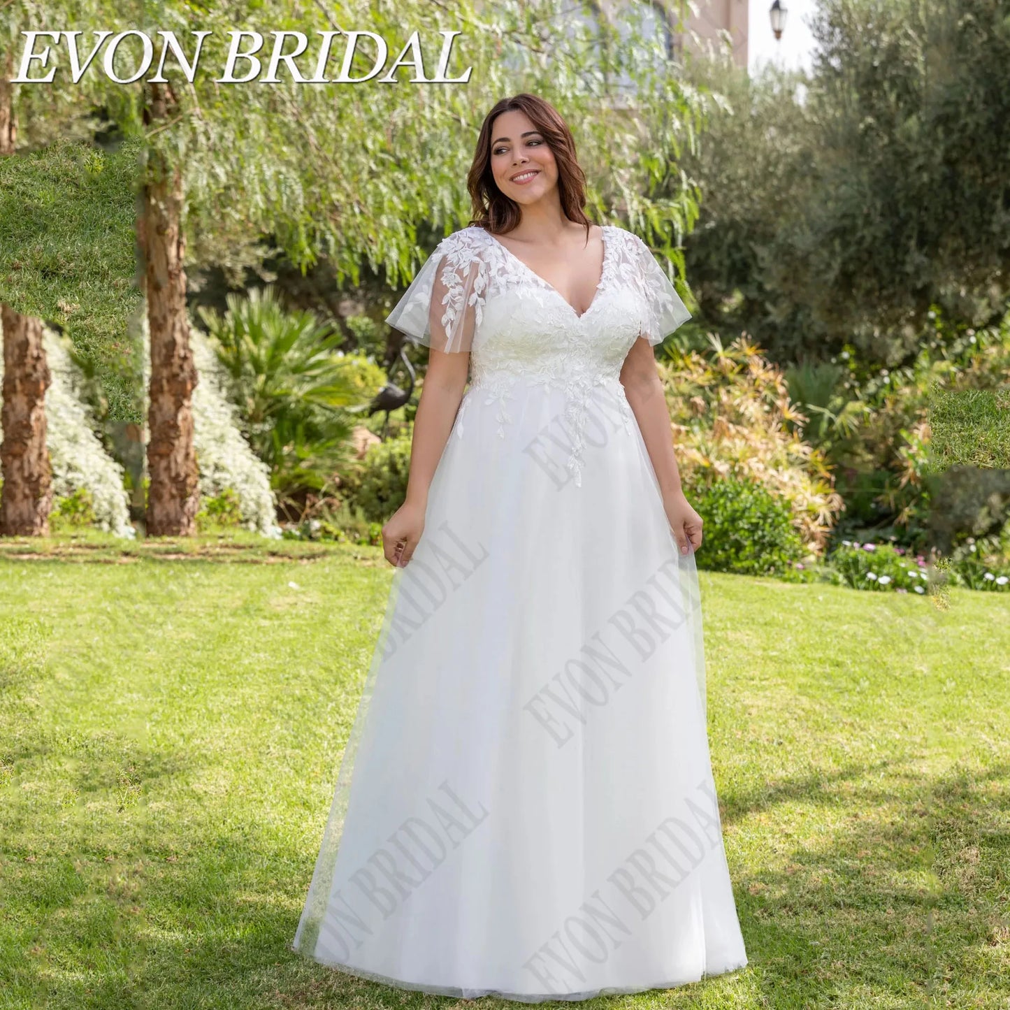 EVON BRIDAL Civil Large Size Wedding Dresses For 2024 Bride Double V-Neck Applique Tulle A-Line Short Sleeves Bridal Gowns