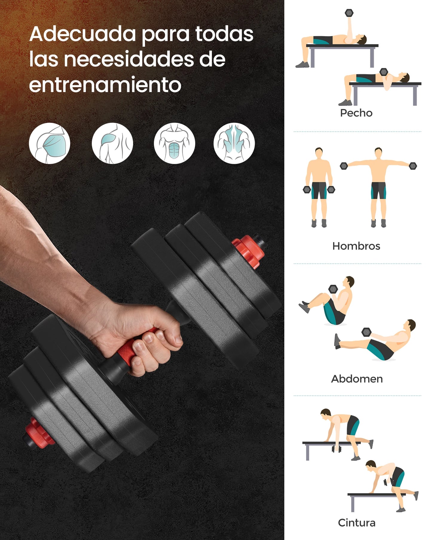 SONGMICS Dumbbell Set, 20 kg Weights with Connecting Bar, Hexagon, Adjustable Weight Plates, for Men Women Workout, Ink Black