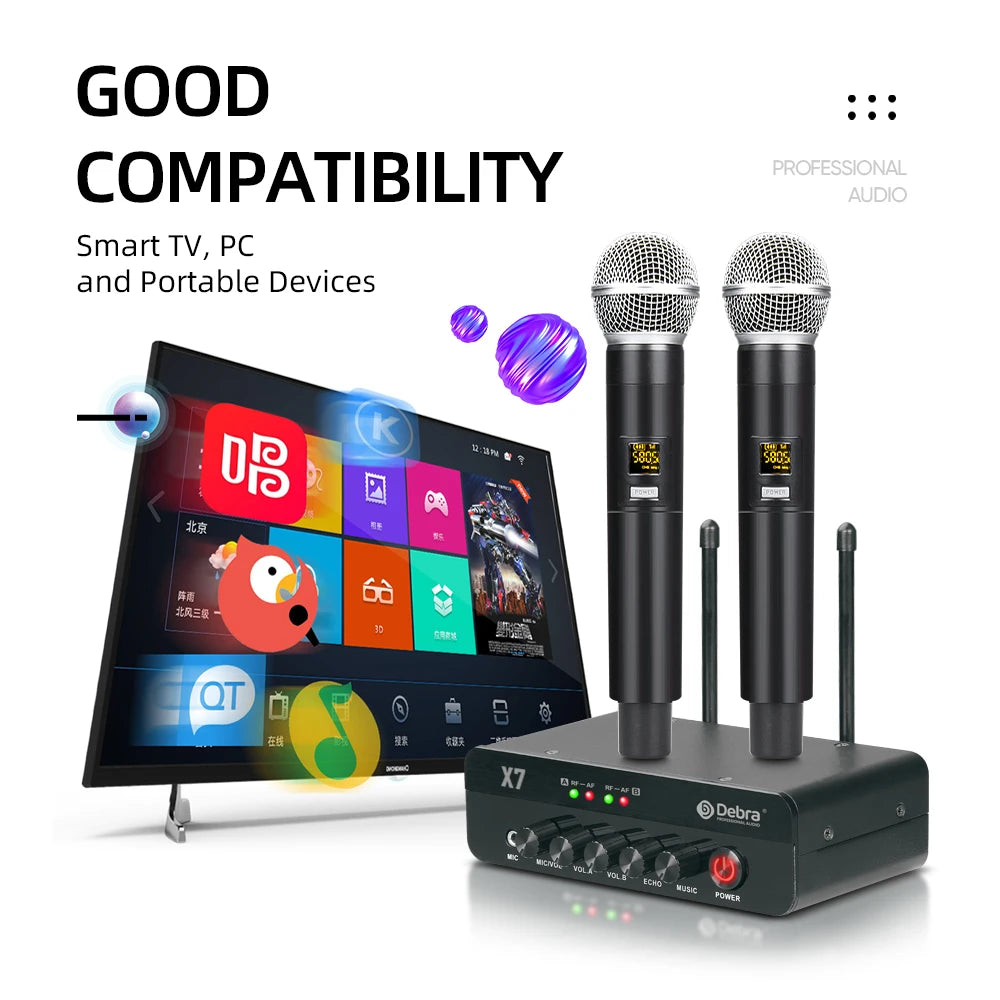 Debra X7 Karaoke 2 Channel Wireless Microphone System, 5.0 Bluetooth, DSP Reverb, Fiber Optic Interface For Karaoke And Church