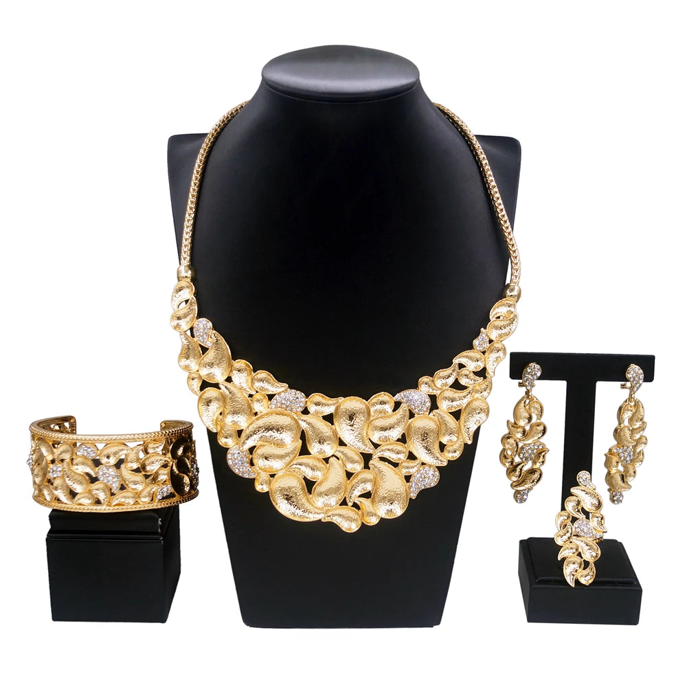 Italy Brazil Gold Plated Jewelry Set Women Luxury Wedding Necklace Earrings Bracelet Set Gold Colors Engagement Dinner Bijoux