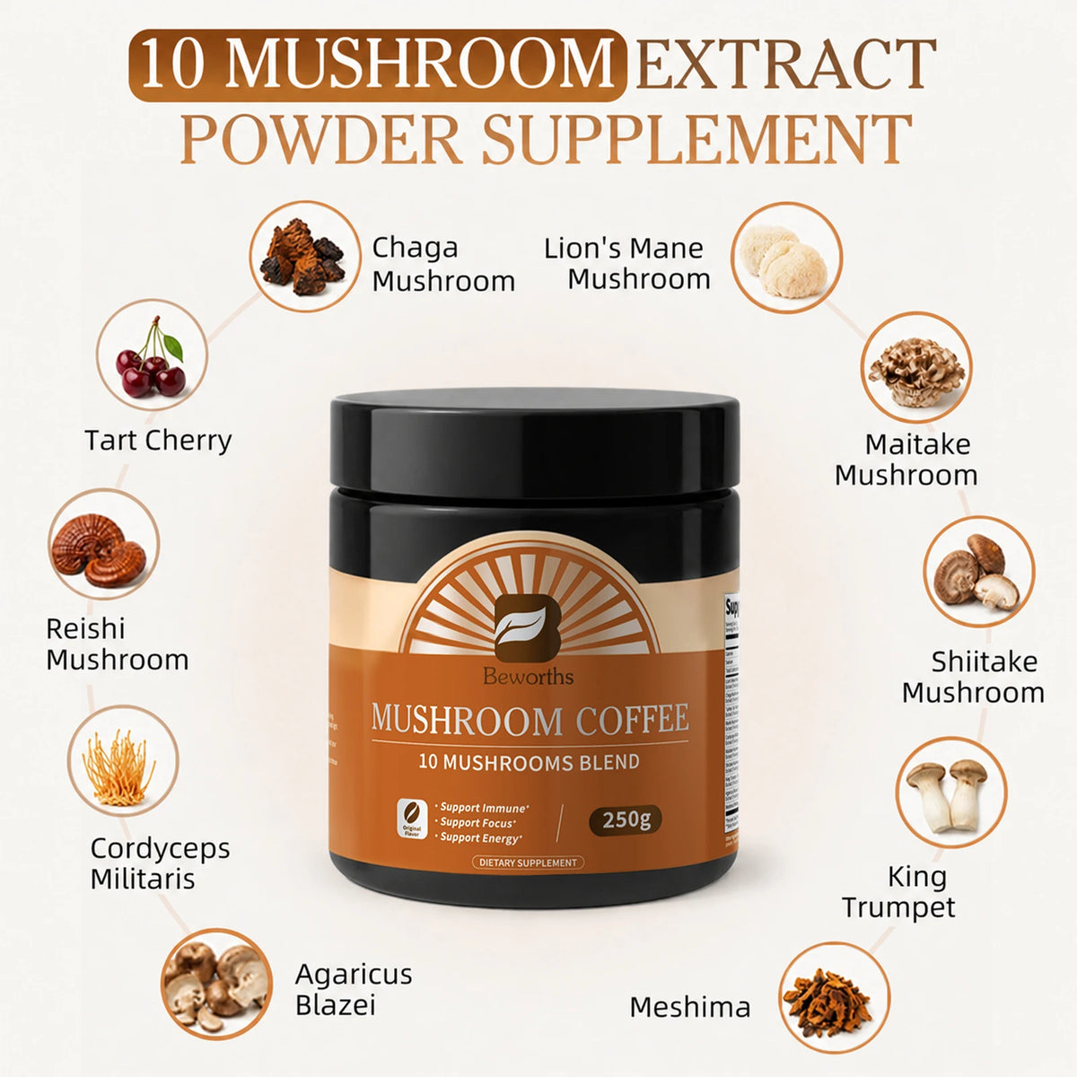 Organic Lion Mane Mushroom Coffee with Reishi, Cordyceps- Support Energy, Mental Clarity & Focus, Brain Booster