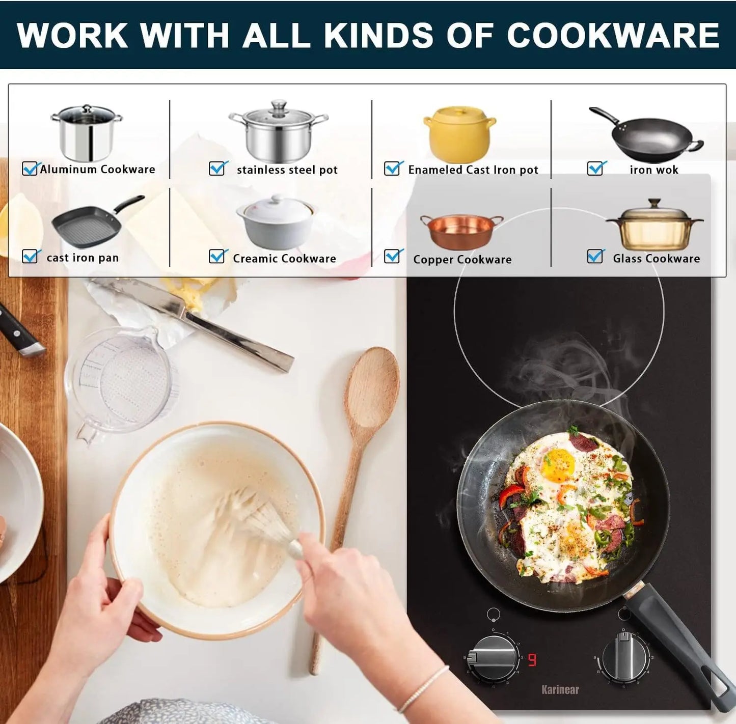 Karinear 2 Burners Electric Cooktop 12Inch Built-in Stove Top Knobs Control Residual Heat Indicator, 220v- 240v No Plug included