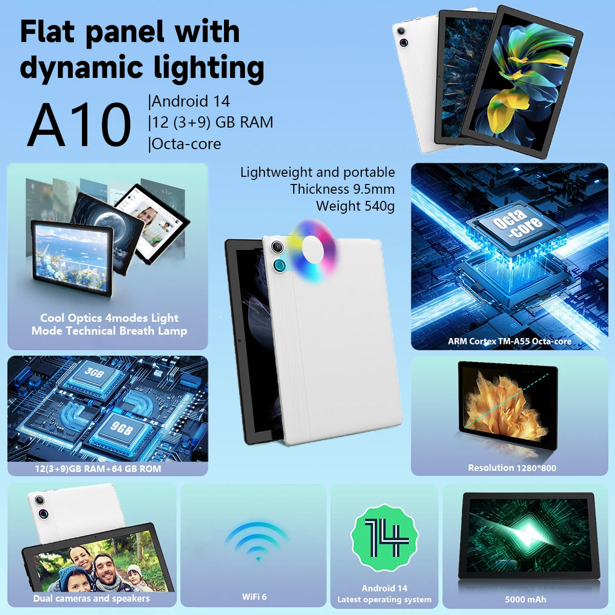 10 Inch Tablet Android 14 A523 Octa Core 12GB RAM 64GB ROM(TF 1TB) 5000mAh Face Unlocked Dual Carmera Keyboard Mouse Set PC Pad
