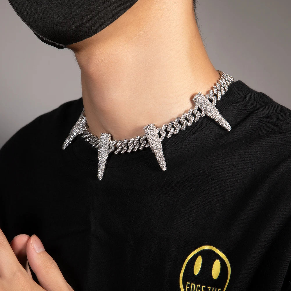 Uwin 12mm Cuban Link Chain Black Panther Zinc Alloy Bullets Necklace For Men Full Setting Rhinestones Fashion Jewelry For Gifts
