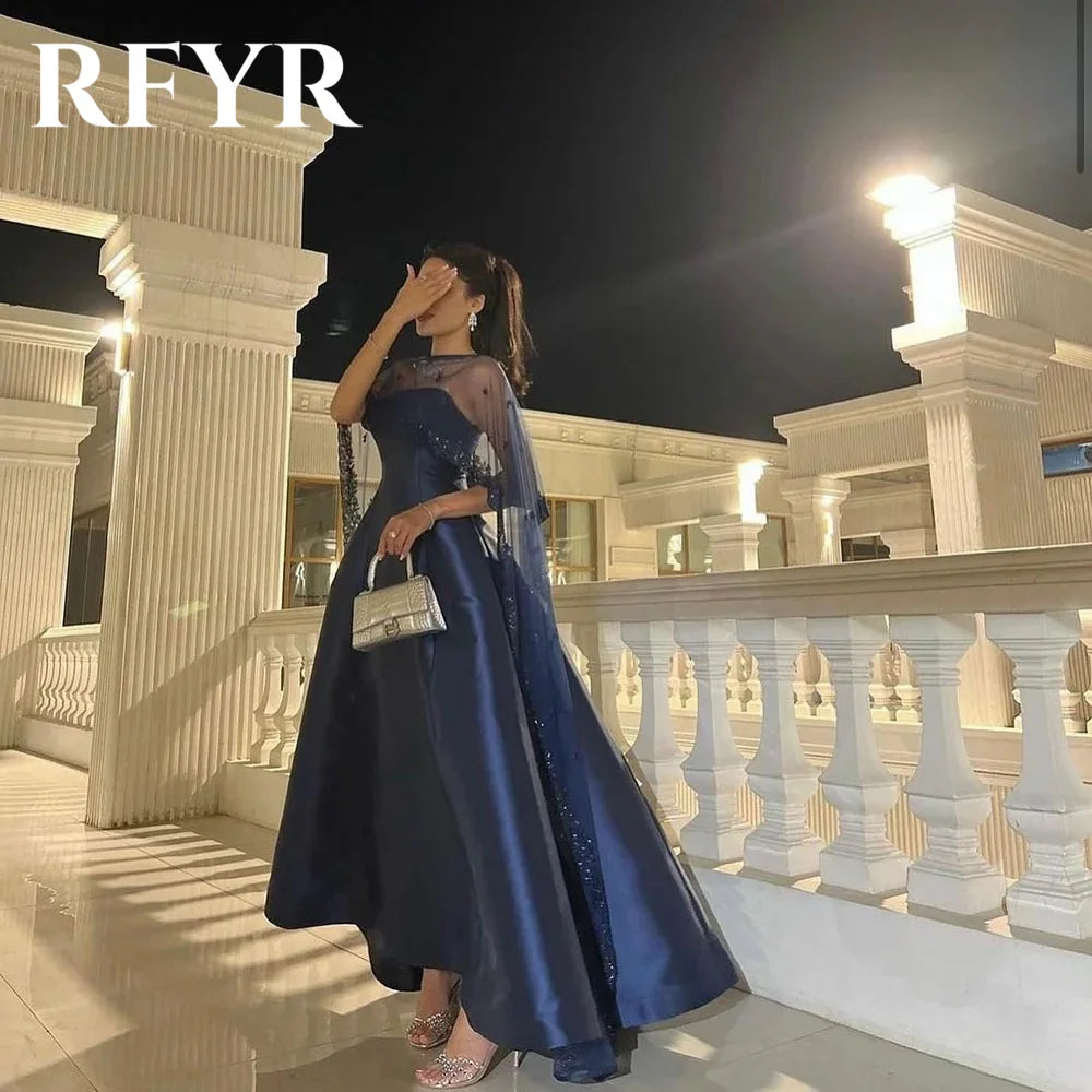 RFYR Navy Blue A-Line Satin Prom Dresses Cape Pleated Ankle Length Women Elegant Formal Occasion Dress Evening Gowns Customized