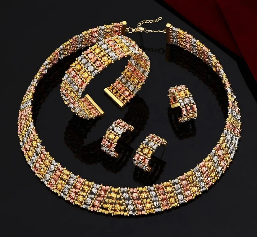 Luxury Cuff Bangles and Ring Set Gold Color Beads Arabic Dubai Wedding Bridal Jewelry Set Women Party 2 pcs Hand Jewelry