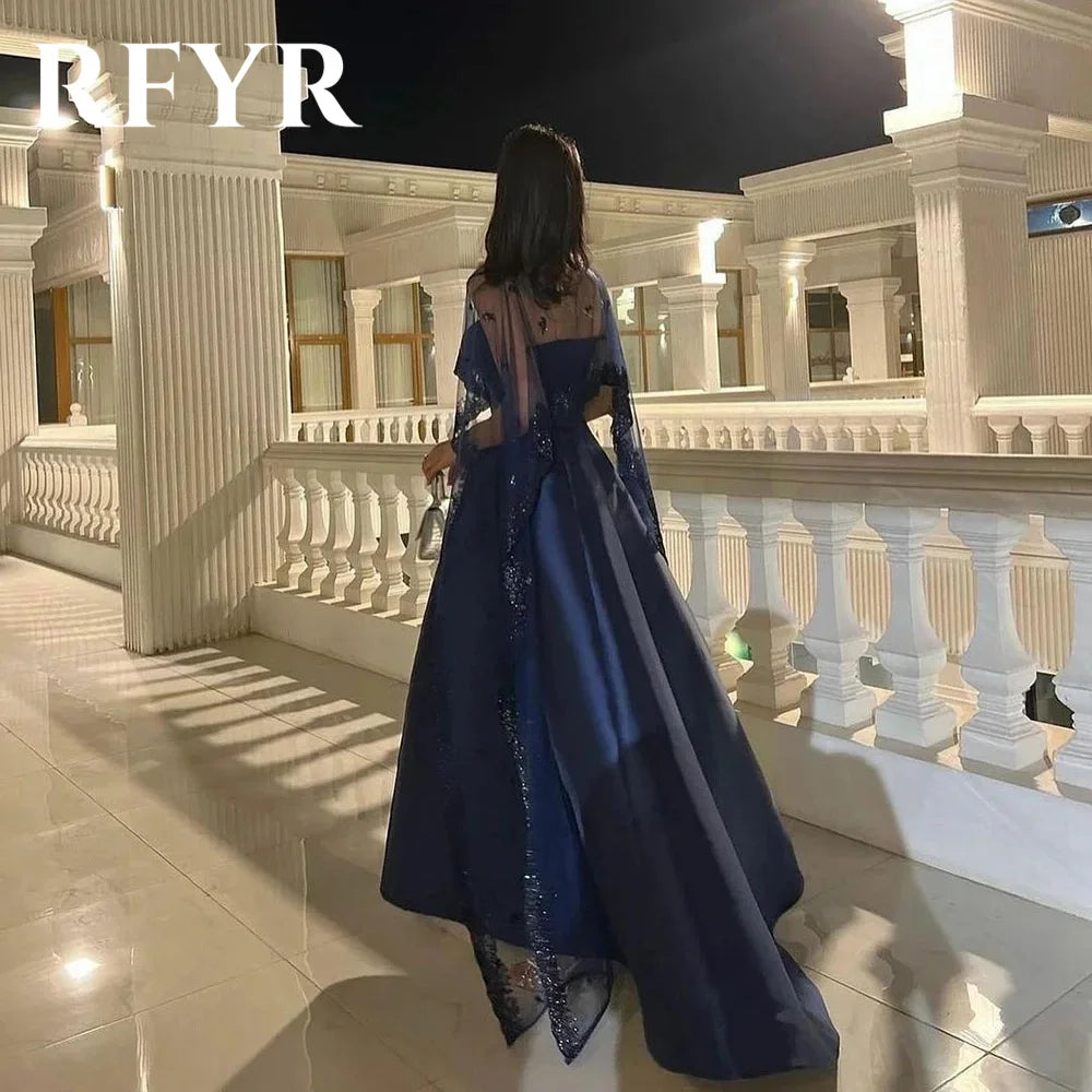 RFYR Navy Blue A-Line Satin Prom Dresses Cape Pleated Ankle Length Women Elegant Formal Occasion Dress Evening Gowns Customized