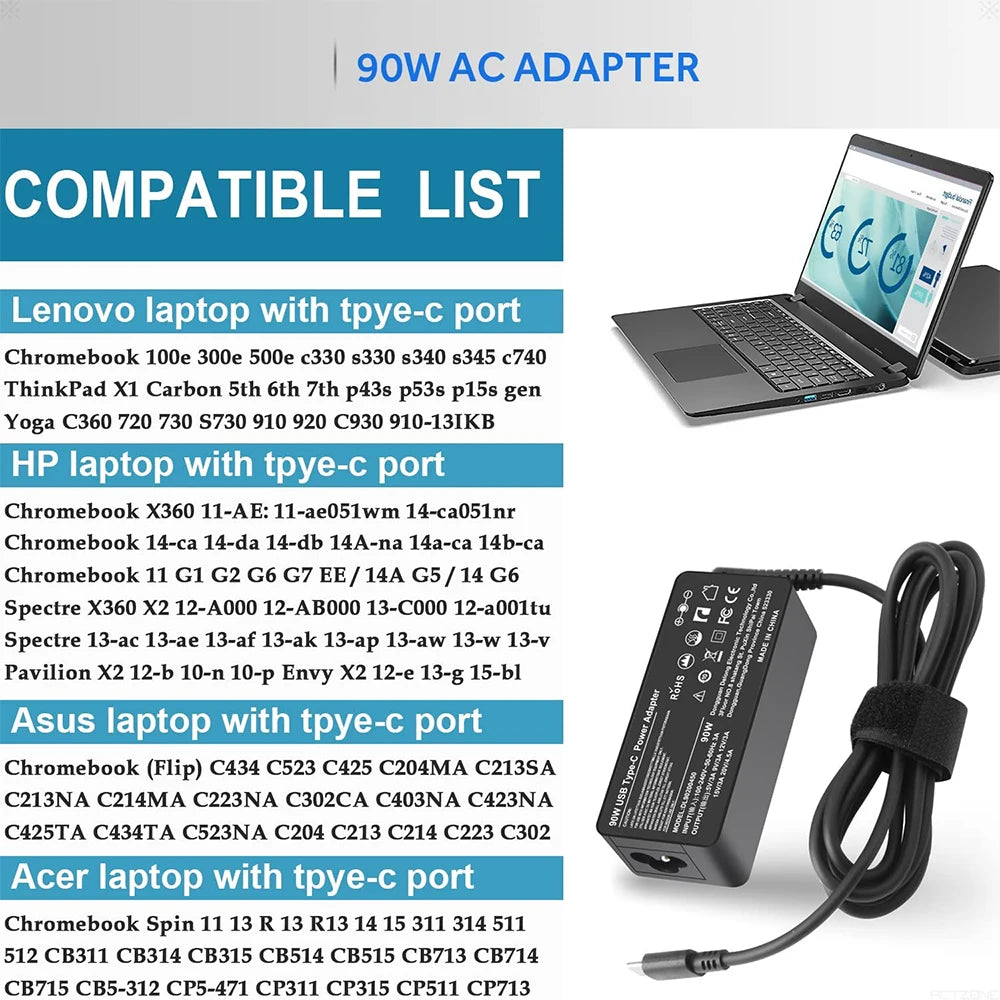 90W 20V USB-C AC Charger Laptop Adapter For HP Spectre x360 Dell TDK33 TDK33 Lenovo ThinkPad T480 T480s T580 T580s IdeaPad Yoga