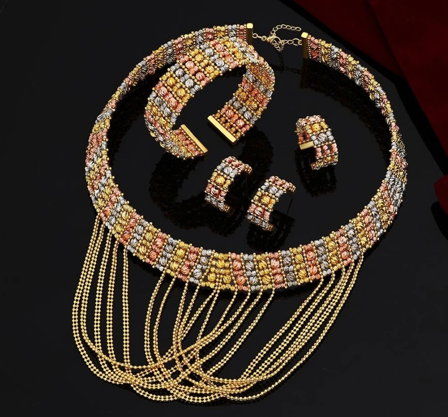 Luxury Cuff Bangles and Ring Set Gold Color Beads Arabic Dubai Wedding Bridal Jewelry Set Women Party 2 pcs Hand Jewelry