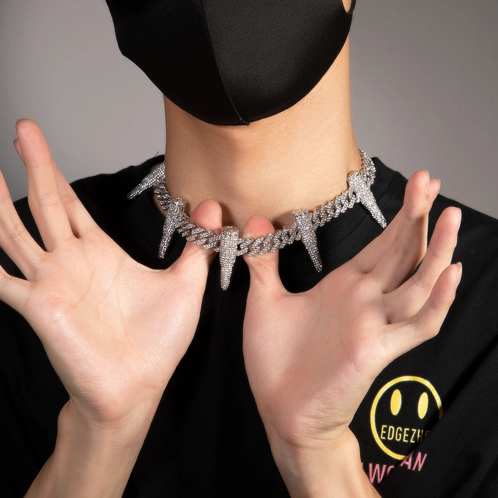 Uwin 12mm Cuban Link Chain Black Panther Zinc Alloy Bullets Necklace For Men Full Setting Rhinestones Fashion Jewelry For Gifts