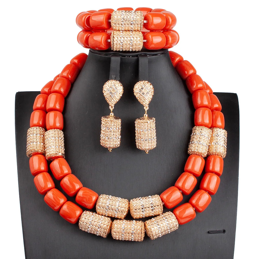 32 inches Long Orange Beads African Jewelry Set Women Bridal Party Costume Necklace Jewelry Set