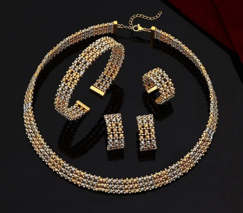 Luxury Cuff Bangles and Ring Set Gold Color Beads Arabic Dubai Wedding Bridal Jewelry Set Women Party 2 pcs Hand Jewelry