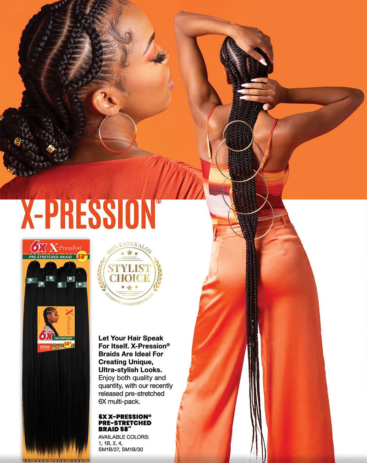 Sensationnel African Collection Braids 6X X-Pression Pre-Stretched Braid 58" - Lightweight, Long-Lasting