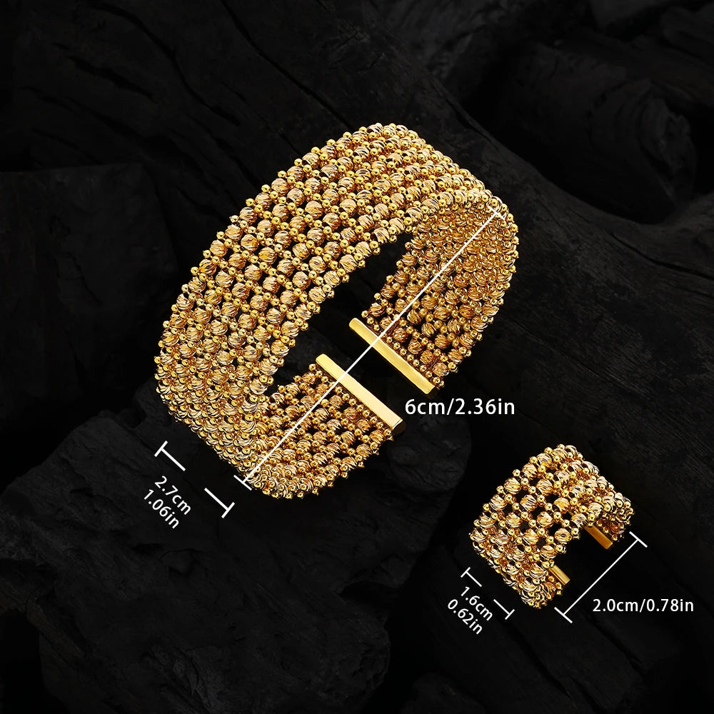 Luxury Cuff Bangles and Ring Set Gold Color Beads Arabic Dubai Wedding Bridal Jewelry Set Women Party 2 pcs Hand Jewelry