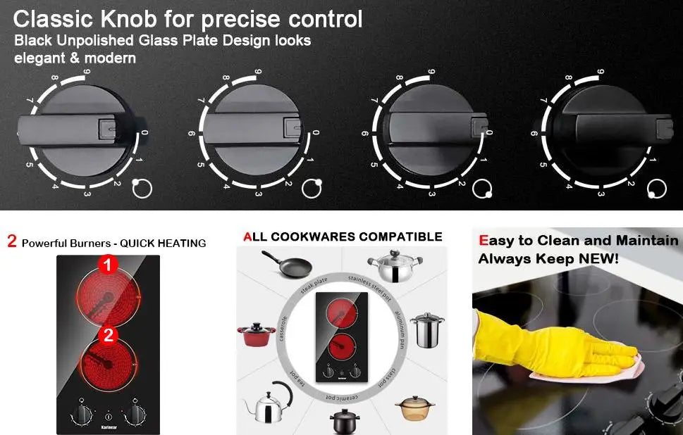 Karinear 2 Burners Electric Cooktop 12Inch Built-in Stove Top Knobs Control Residual Heat Indicator, 220v- 240v No Plug included