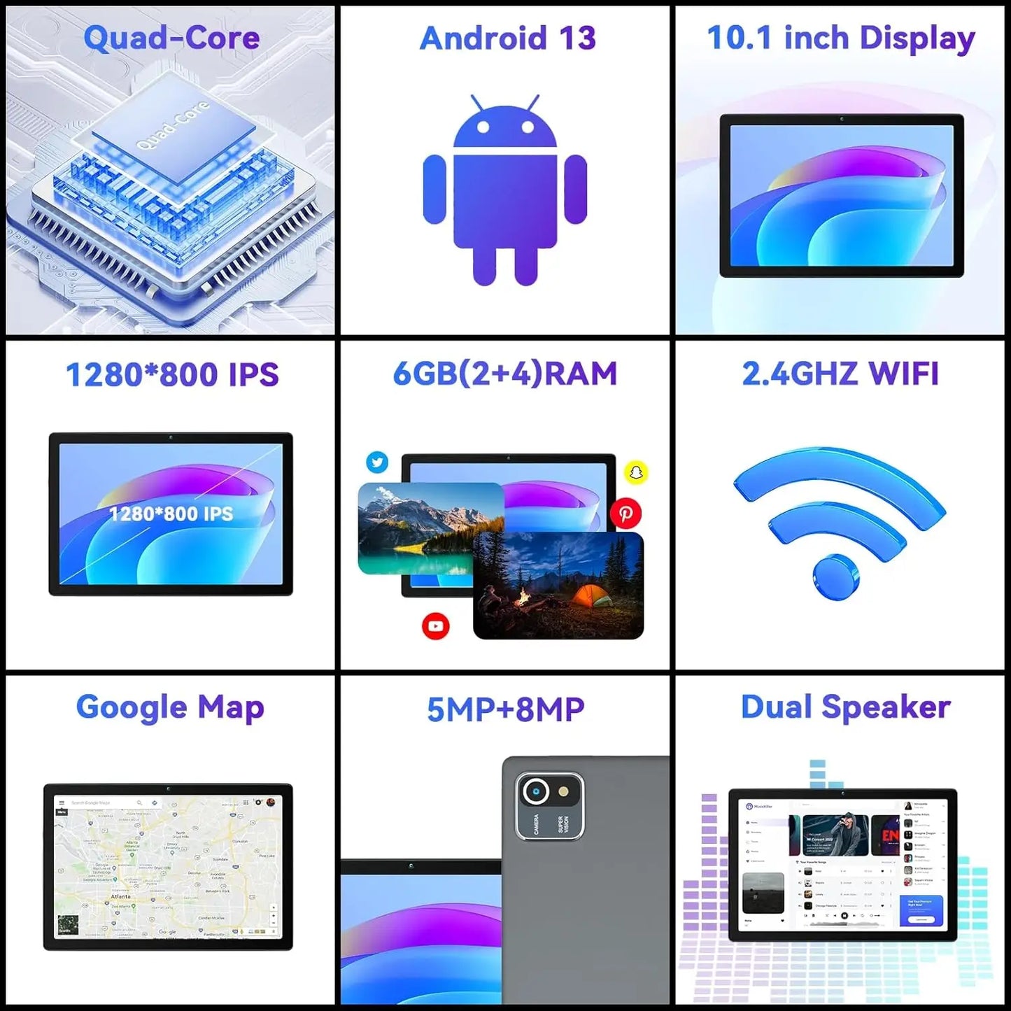 URAO 10 Inch Android Tablet Quad-Core 6GB RAM 64GB ROM to 128GB 5MP+8MP Dual Camera HD IPS Display WiFi Bluetooth PC Pad Tablets