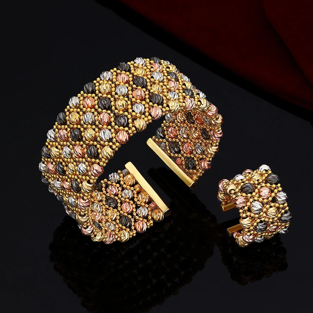 Luxury Cuff Bangles and Ring Set Gold Color Beads Arabic Dubai Wedding Bridal Jewelry Set Women Party 2 pcs Hand Jewelry
