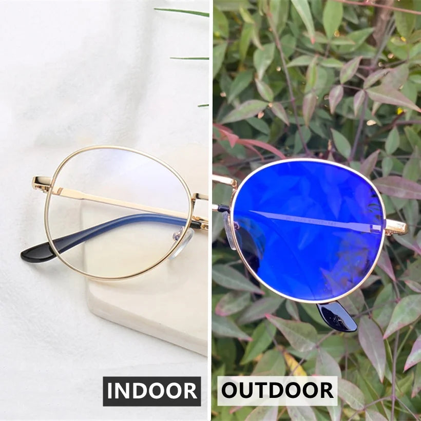 Photochromic Eyeglasses Women Men 2024 Metal Simple Circle Lunettes Anti Reflet Homme Blue Light Original Blue Photogray Glasses