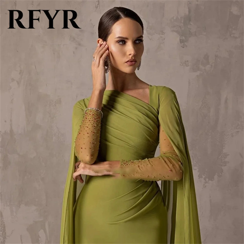 RFYR One Shoulder Chiffion Green Prom Dress Elegant Mermaid Evening Dress with Long Cape Arab Dress Vestidos De Noche Customized