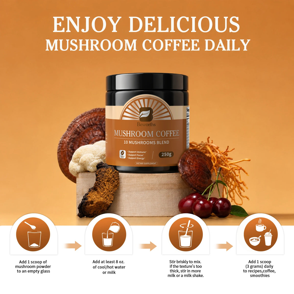 Organic Lion Mane Mushroom Coffee with Reishi, Cordyceps- Support Energy, Mental Clarity & Focus, Brain Booster