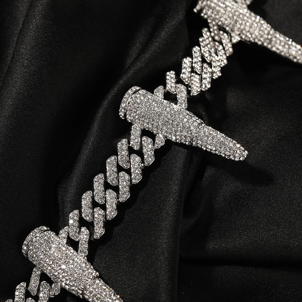 Uwin 12mm Cuban Link Chain Black Panther Zinc Alloy Bullets Necklace For Men Full Setting Rhinestones Fashion Jewelry For Gifts