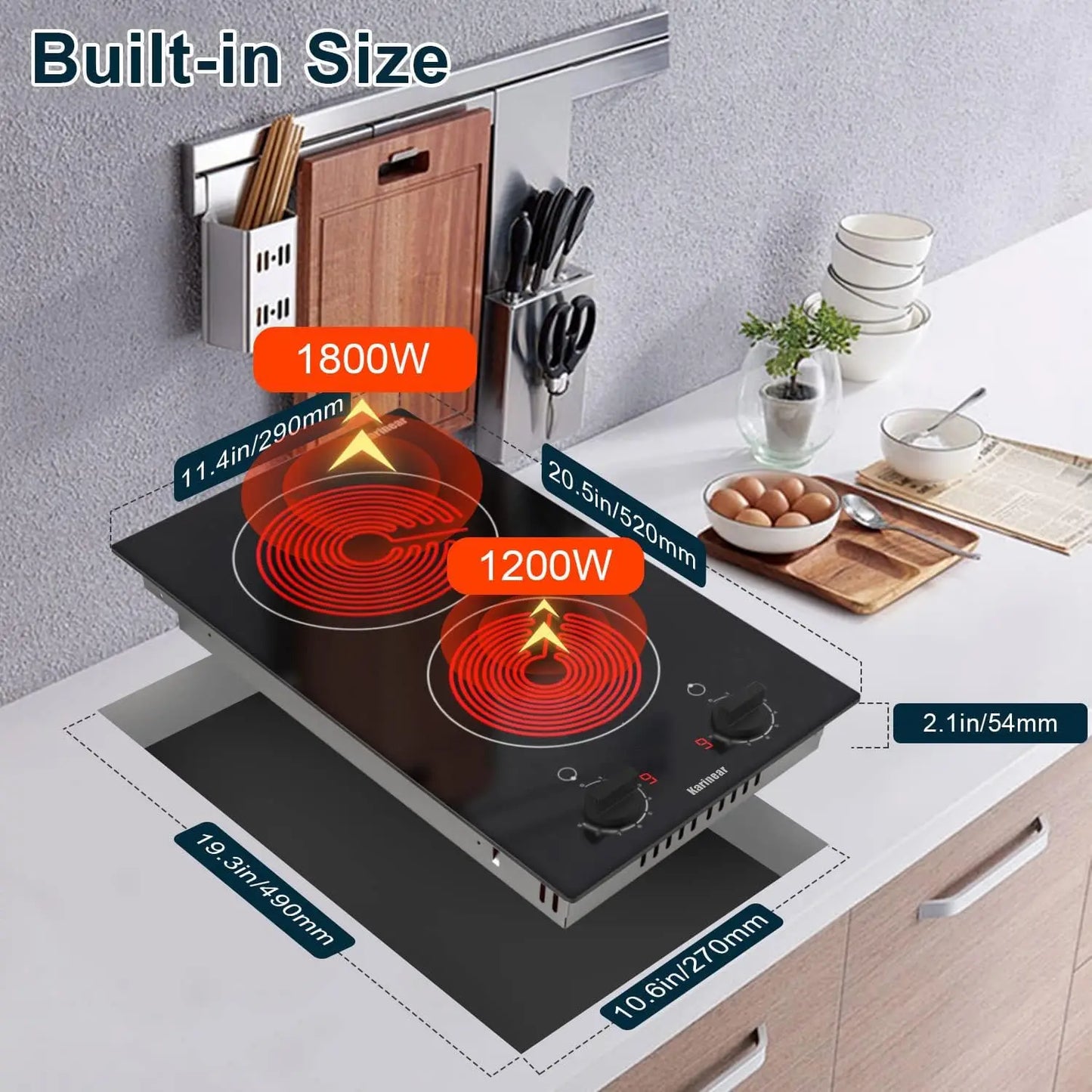 Karinear 2 Burners Electric Cooktop 12Inch Built-in Stove Top Knobs Control Residual Heat Indicator, 220v- 240v No Plug included